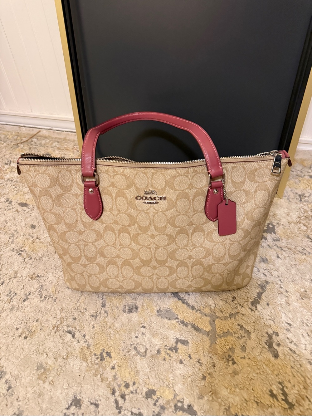 COACH Signature Canvas Tote with Pink Leather Trim